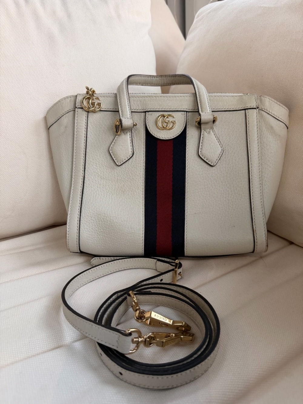 Gucci Ophidia Small Top-Handle Leather Tote with Blue & Red Sherryline